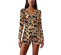 Edhomenn Women Halloween Pajamas Jumpsuit Bodysuit Long Sleeve Ghost Bat Print V Neck Button Down Shorts Jumpsuit (Ba Orange, M)