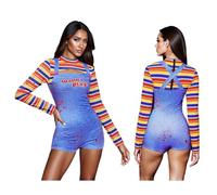 Edhomenn Women Halloween Scream Costume Creepy Killer Doll Costume Long Sleeve High Neck Tops Short Overalls Set (Multi-color, L)