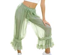 Edhomenn Women Lace Trim Mesh Sheer Bloomer Pants Drawstring Elastic Waist Victorian Capri Pants Lounge Pettipants Pantaloons (Turquoise, M)