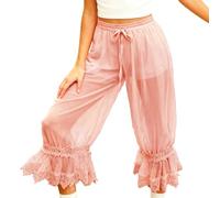 Edhomenn Women Lace Trim Mesh Sheer Bloomer Pants Drawstring Elastic Waist Victorian Capri Pants Lounge Pettipants Pantaloons (Orange, XL)