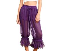 Edhomenn Women Lace Trim Mesh Sheer Bloomer Pants Drawstring Elastic Waist Victorian Capri Pants Lounge Pettipants Pantaloons (Purple, XL)