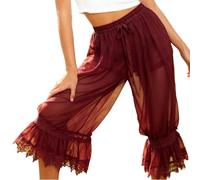Edhomenn Women Lace Trim Mesh Sheer Bloomer Pants Drawstring Elastic Waist Victorian Capri Pants Lounge Pettipants Pantaloons (Burgundy, L)