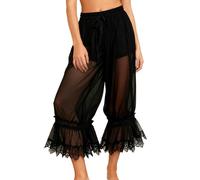 Edhomenn Women Lace Trim Mesh Sheer Bloomer Pants Drawstring Elastic Waist Victorian Capri Pants Lounge Pettipants Pantaloons (Black, XL)