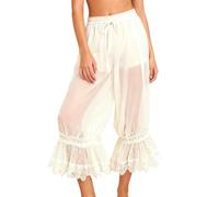 Edhomenn Women Lace Trim Mesh Sheer Bloomer Pants Drawstring Elastic Waist Victorian Capri Pants Lounge Pettipants Pantaloons (White, L)