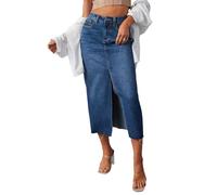Edhomenn Women Long Denim Skirt Cut-Out Blue High Waist Side Split Skirt Y2k Bodycon Denim Skirt Streetwear (02 Dark Blue, S)