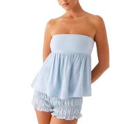 Edhomenn Women Ruffle Hem Tube Tops Summer Casual Strapless Flowy Blouse Off The Shoulder Going Out Tanks (Blue, M)