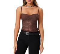 Edhomenn Women Sexy Mesh Lace Tank Tops Sleeveless See Through Cami Tops Solid Color Camisole Going Out Tops (Dark Brown, L)