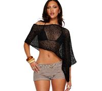 Edhomenn Women Sheer Mesh Poncho Tops See Through Boat Neck Off Shoulder Asymmetrical Crop Cover Up Blouse (Black, S)