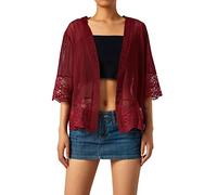 Edhomenn Women Sheer Shrug Cardigan Short Sleeve Solid Color Lace Patchwork Lightweight Knit Shrugs Ladies Bolero Cardigans (Wine Red, M)