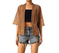 Edhomenn Women Sheer Shrug Cardigan Short Sleeve Solid Color Lace Patchwork Lightweight Knit Shrugs Ladies Bolero Cardigans (Coffee, L)