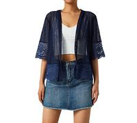 Edhomenn Women Sheer Shrug Cardigan Short Sleeve Solid Color Lace Patchwork Lightweight Knit Shrugs Ladies Bolero Cardigans (Dark Blue, M)