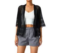 Edhomenn Women Sheer Shrug Cardigan Short Sleeve Solid Color Lace Patchwork Lightweight Knit Shrugs Ladies Bolero Cardigans (Black, XL)