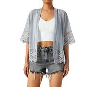 Edhomenn Women Sheer Shrug Cardigan Short Sleeve Solid Color Lace Patchwork Lightweight Knit Shrugs Ladies Bolero Cardigans (Grey, M)