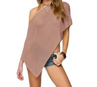 Edhomenn Women Solid Color Sheer Poncho Shrug Summer Off Shoulder Cover Up Pullover Knit Mesh Poncho Bolero (Ba Light Brown, ONE SIZE)