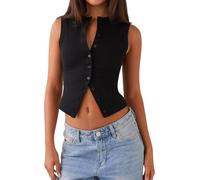 Edhomenn Women Stripe Knitted Vest V-Neck Sleeveless Front One Button Sweater Vest Fashion Y2k Tank Tops Streetwear (10 Black, M)