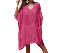 Edhomenn Women Tassel Swimsuit Cover Ups Solid Color Cutout Beach Dress V-Neck Short Sleeve See Through Beachwear (03 Rose Red, One Size)
