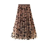 Edhomenn Women Tulle Midi Skirts Floral Print Mesh Elastic High Waist A Line Skirt Overlay Layered Y2k Midi Skirt Streetwear (C-Khaki 3, M)