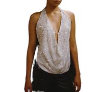 Edhomenn Women Y2K Sparkly Sequins V Neck Halter Tank Tops Sexy Sleeveless Backless Tops Summer Camisole for Club Party (White, M)