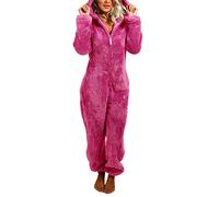 Edhomenn Womens Bear Onesie, Warm Fluffy Onesie, Thick Plush Sleeping Romper, Winter Hooded Jumpsuit, Cute Christmas Onesie (02 Rose Red, L)