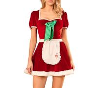 Edhomenn Womens Christmas Dress Clothes Velvet Cute Santa Maid Apron Costumes Short Sleeve Babydoll A Line Dresses Festival Cosplay Outfits (01 Red, XL)