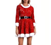 Edhomenn Womens Christmas Dress Ms. Santa Claus Cosplay Outfits Sexy Sequin Shiny Long Sleeve Fancy Dress with Belt and Hat 3 Pcs Festival Outfits (01 Red, S)