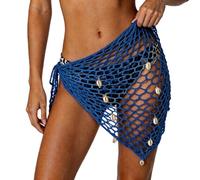 Edhomenn Womens Corchet Beach Sarongs Sexy Hollow Out Shell Mermaid Wrap Skirt Triangle Fishnet Scarf Summer Bikini Cover Ups Vacation Clothes (A-Blue, One Size)
