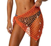 Edhomenn Womens Corchet Beach Sarongs Sexy Hollow Out Shell Mermaid Wrap Skirt Triangle Fishnet Scarf Summer Bikini Cover Ups Vacation Clothes (A-Orange, One Size)