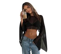 Edhomenn Womens Crochet Cover Ups Hollow Out Long Sleeve Crop Top Summer Beach Pullovers (25 Black, ONE Size)