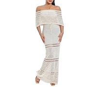 Edhomenn Women's Crochet Summer Dress Sleeveless Halter Neck Knitted Long Dress Front Cutout Back Tie-up Slim Fit Vacation Clothes Beachwear (01 Apricot, L)