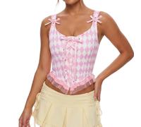 Edhomenn Womens Halloween Corset Tops Checkerboard Print Tie Front Vest | Ideal for Halloween, Carnival & Themed Party, Perfect for Jester-style, Vintage Circus, Candy-clown & Fairy-tale Looks