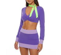 Edhomenn Womens Halloween Costume Daphne Cosplay Classic Deluxe Outfits Long Sleeve Crop Top Mini Skirt with Scarf 3 Pcs Festival Outfits (01 Light Purple, XL)