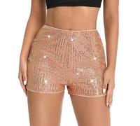 Edhomenn Women's High Waist Sequins Shorts Elastic Band Sparkly Straight Leg Shorts Y2k Glitter Party Pants (02 Champagne, S)
