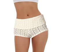 Edhomenn Womens Lace Mini Shorts Low Rise Fold Over Micro Shorts Y2k Mesh Sheer Hot Pants Elastic Waist Tight Pajamas Shorts (01 Beige, M)