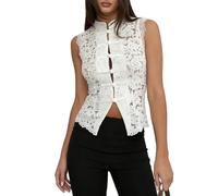 Edhomenn Womens Lace Tank Top Sleeveless Sheer Going Out Crop Top Button Down Mock Neck Shirt Top Slim Fit Dressy Blouse Summer Sexy Vest (01 White, M)