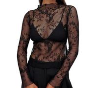 Edhomenn Womens Leopard Print Sheer Mesh Tops Mock Neck Long Sleeve T-Shirts Casual Fall Shirts Y2k Slim Fit Tops Streetwear (09 Black, M)