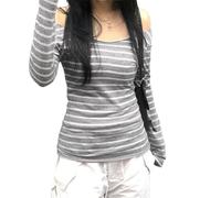 Edhomenn Womens Off The Shoulder Tops Long Sleeve V Neck Slim Fit T Shirts Striped Y2k Sexy Blouse Ladies Gothic Grunge Punk Outfits Fall Clothes (02 Light Gray, M)