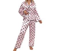 Edhomenn Women's Pajama Set Satin Short Sleeve Button Down Tops with Elastic Waist Long Pants Heart Print Silk Loungewear Sleepwear (02 Fuchsia, XL)