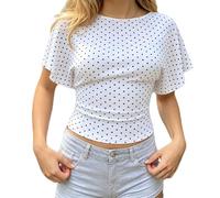 Edhomenn Womens Polka Dot Top Back Tie Bow Wrap Top Fitted T Shirts Boat Neck Ruffle Sleeve Elegant Blouse Summer Y2k Going Out Crop Top for Party Ladies Office Wear (A01 White, M)