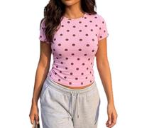 Edhomenn Womens Polka Dot Tops Y2k Short Sleeve Crew Neck Slim Fit Stretch T Shirt Cute Going Out Crop Tops Basic Blouse Tee Tops Summer Streetwear (02 Pink, S)