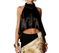 Edhomenn Womens Satin Halter Neck Top Y2k Mock Neck Backless Going Out Tank Tops Asymmetrical Hem Sleeveless Flowy Elegant Crop Top Summer Sexy Outfits (03 Black, S)
