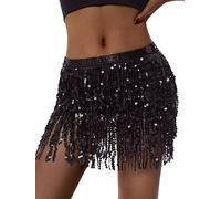 Edhomenn Women's Sequin Tassel Mini Skirt Low Waist Short Skirt Fringe Belly Dance Skirt (Black, ONE Size)