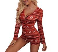 Edhomenn Womens Sexy Christmas Romper Shorts Pattern Printed Plaid V-neck Long Sleeve Jumpsuits Slim Fit Button Down Xmas One Piece Loungewear (02 Wine Red Elk, S)