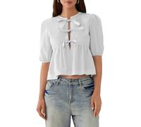 Edhomenn Women's Summer Peplum T-Shirts Stripe Print Short Puff Sleeve Tie Front Blouses Y2k Loose Tops Streetwear (01 White, S)