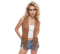 Edhomenn Women's Tassel Vest 70s Hippie Faux Suede Fringe Jacket Cardigan | Front cutout detailing, open front, with long hem tassels, retro cowgirl style layering outerwear
