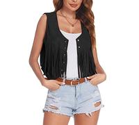 Edhomenn Women's Tassel Vest 70s Hippie Faux Suede Fringe Jacket Cardigan Solid Color Open Front Sleeveless Y2k Jacket (04 Black, L)