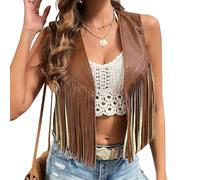 Edhomenn Women's Tassel Vest 70s Hippie Faux Suede Fringe Jacket Cardigan Solid Color Open Front Sleeveless Y2k Jacket (11 Brown, M)