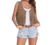 Edhomenn Women's Tassel Vest 70s Hippie Faux Suede Fringe Jacket Cardigan Solid Color Open Front Sleeveless Y2k Jacket (04 Khaki, M)