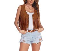 Edhomenn Women's Tassel Vest 70s Hippie Faux Suede Fringe Jacket Cardigan Solid Color Open Front Sleeveless Y2k Jacket (03 Brown, XL)