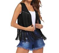 Edhomenn Women's Tassel Vest 70s Hippie Faux Suede Fringe Jacket Cardigan Solid Color Open Front Sleeveless Y2k Jacket (02 Black, L)
