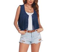 Edhomenn Women's Tassel Vest 70s Hippie Faux Suede Fringe Jacket Cardigan Solid Color Open Front Sleeveless Y2k Jacket (04 Blue, XL)